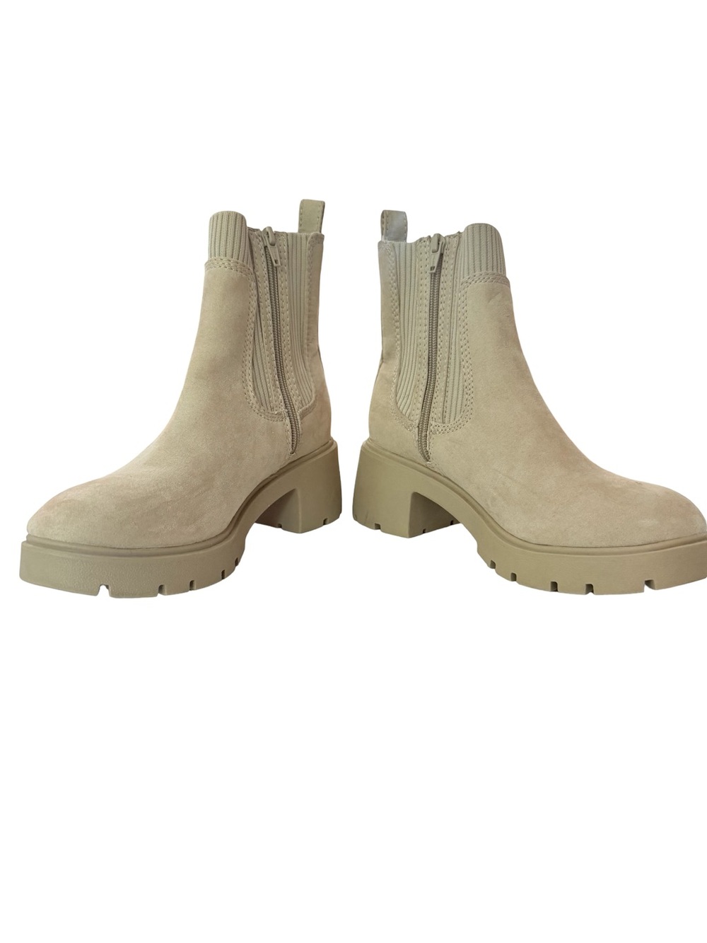 Taupe Suede Lug Sole Chelsea Boots - Knit Sock Collar - Size 7